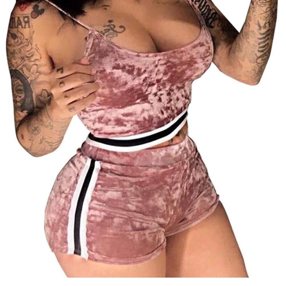 Women's Velvet Crop Top and Shorts Two Piece Set